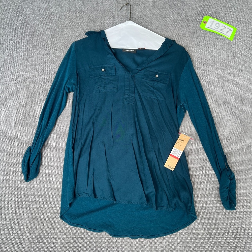 DKNY Jeans Blouse Top Womens XS Blue Long Sleeve Casual Chic Comfort Lightweight